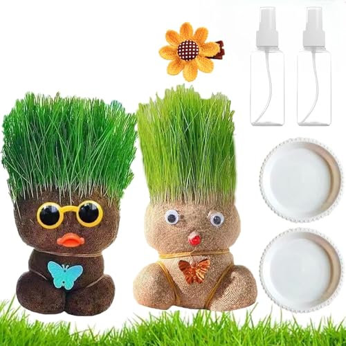 2 Piece Grass Heads for Kids to Grow Set, Grow Your Own Kits, Grass Head Suitable for Creative Space Desk Decor DIY Project Classroom Display Craft Activity Indoor Decoration