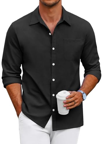 COOFANDY Camicia Uomo Manica Lunga Cotone Oxford Camicia Bottoni Business Casual Shirt Nero XL