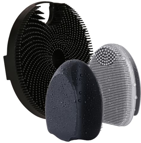 HIEERBUS Silicone Face Scrubber,Manual Exfoliating Brush,Handheld Facial Cleansing Brush for Women Men-Blackhead Removing Pore Cleansing Massaging for Sensitive, Delicate, Dry Skin (Set2-Black+Gray)