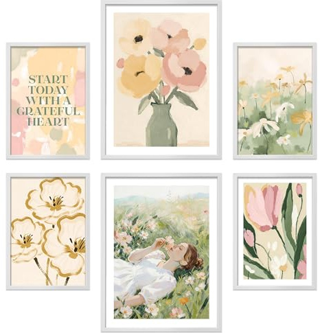 ARTFAVES® Poster Set - Abstract Green Art - mehrteilige Wanddeko Wohnzimmer, Schlafzimmer - 6 moderne Wandbilder Abstrakt, Kunst, beige, grün, Formen, Blumen, Frühling, Sommer - mit Rahmen Weiss