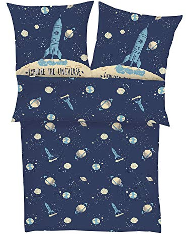 s.Oliver Kinderbettwäsche Universum 135x200 cm - 100% Baumwolle, praktischer Reißverschluss & maschinenwaschbar, Bettwäsche für Kinder Astronaut & Rakete 2tlg. blau