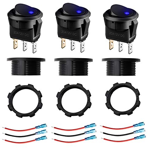 Be In Your Mind Runde Kippschalter, 12–24 V, 20 A, blaues LED-Licht, Ein-/Aus-Steuertaste, 3-polig, mit 9 Verbindungskabeln für Auto, Wohnwagen, LKW, Boot, 3 Stück