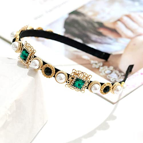 Serre-tête vintage avec strass argentés étincelants en velours rembourré - Accessoire de cheveux pour femme - Vert cristal