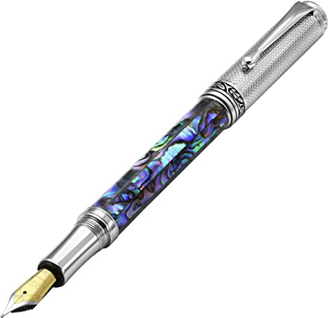 Xezo Maestro Fountain Pen, Medium Nib. Pāua Abalone Sea Shell Inlay with Chrome Plating. Handcrafted, Limited Edition, Serialized. No Two Pens Alike