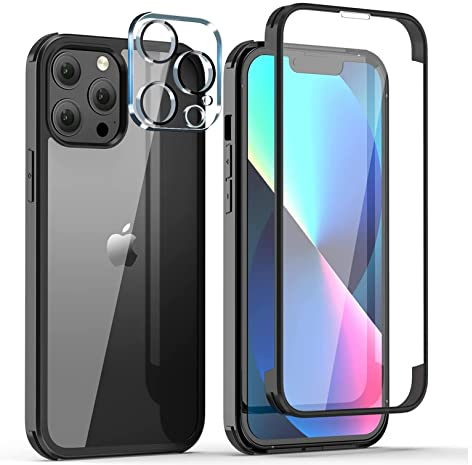 Leedia Kompatibel mit iPhone 13 Pro Hülle + 2 Kameraschutz Ganzkörper Eingebauter Panzerglas Displayfolie 360 Grad iPhone 13 Pro Schutzhülle Transparent Clear Handyhülle für iPhone 13 Pro Schwarz