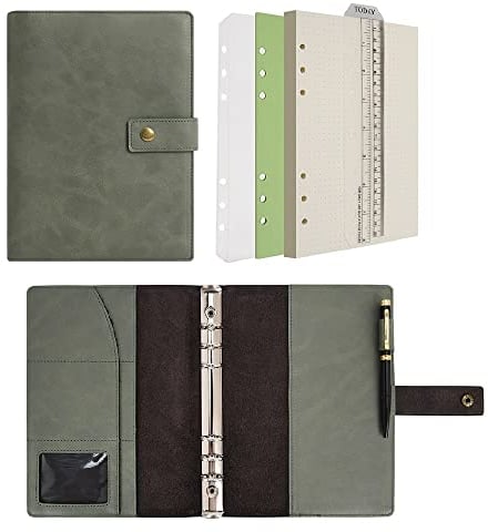 Wonderpool Leder Nachfüllbares Notizbuch Ringbuch A5 Tagebuch - Gepunktetes Papier & Echtleder Innentaschen für Reisearbeit und Organizer (Grün, A5)