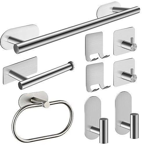 Set portasciugamani da bagno/cucina, installazione senza fori, set di accessori per la parete del bagno, 9 pezzi, colore: argento