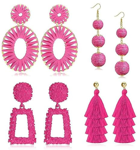 4 Pares de Pendientes de Color Rosa Bohemios Largos Borla Pendientes Colgantes Geométrico Pendientes Statement Pendientes de Gota de Corazón Rosa Brillante Juego de Pendientes Rosas para Niña y Mujere