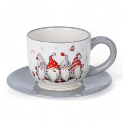 MIK funshopping Weihnachtstasse | Hochwertige Keramik-Tasse mit weihnachtlichem Design | Ideal für Heiß- & Kaltgetränke | Wichtel grau 250ml mit Untertasse
