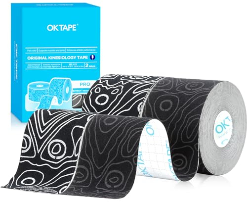 OK TAPE Pro Kinesiologie Tape (5cm x 5m) Wasserfestes Hautfreundliche elastisches Kinesiotape für Knieschmerzen, Ellenbogen und Schulter (2 Rollen,Schwarz+Schwarz Weiß)