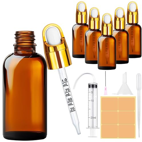 Amentalove Amber Glass Dropper Bottle, 5PCS 50ml Pipette Dropper Bottle, Refillable Glass Dropper Bottles with Pipette Funnels Syringe Labels for Essential Oil Massage Aromatherapy Eye Drops