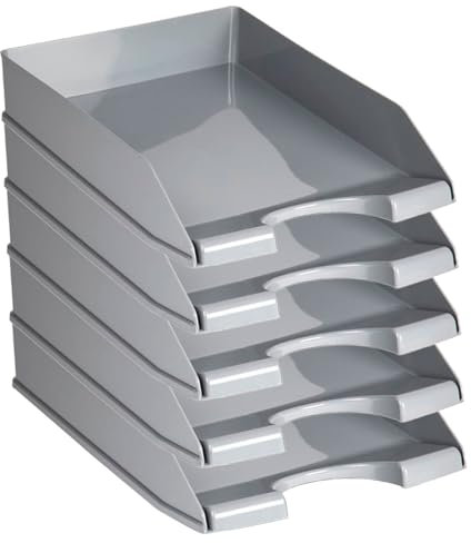 Acan Tradineur - Pack de 5 bandejas de Oficina apilables, plástico, Organizador Documentos A4, revistas, folletos, sobremesa, Escritorio, Fabricado en España (Gris - 35 x 25,5 x 6,5 cm)