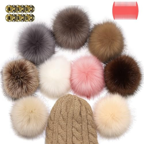 9 PCS Kunstfell Bommel Groß Mit Druckknopf für Münzen 14 CM - Pompon für Mützen - Klassischer Stil