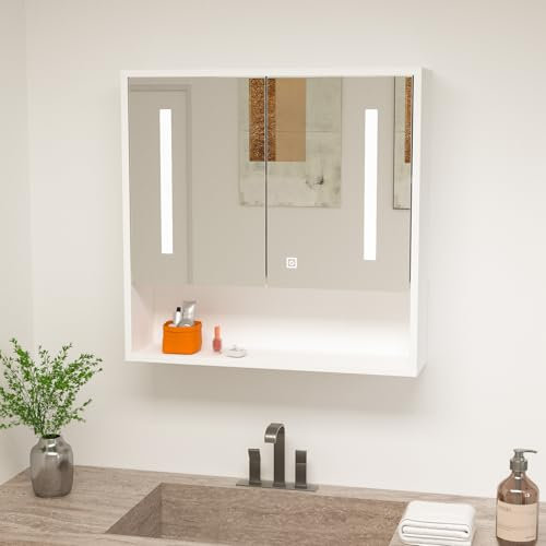 Msutree Bathroom Mirror Cabinet Wall Mounted Bathroom Storage Large Mirror Durable MDF Medicine Cupboard Space Saver for Shower Room (60cm Cabinet with LED)