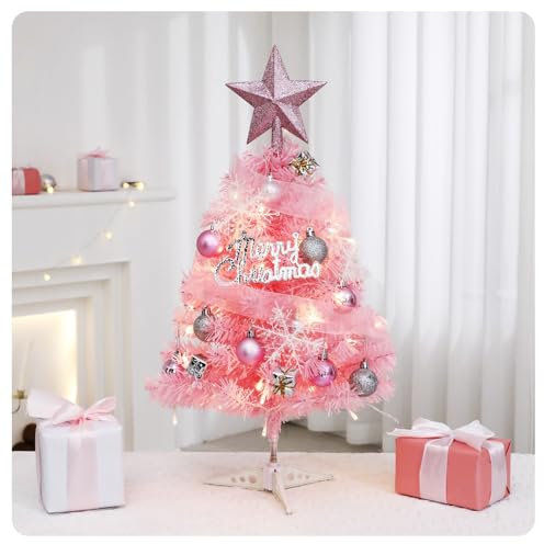 Mini Chrismtas Tree with Lights 2 ft (24 in) Small Pink Green White Lighted Table Top Christmas Tree for Christmas Decoration Girls Princess Room Decor (Pink, 2 ft(24 in))