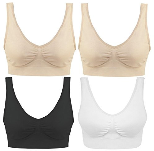 Boolavard Women's Seamless Sports Bra Wire Free Comfort Workout Yoga Bras Pack of 4 (UK, Alpha, S, Regular, Regular, 3 Colour Set + Free Beige Bra)