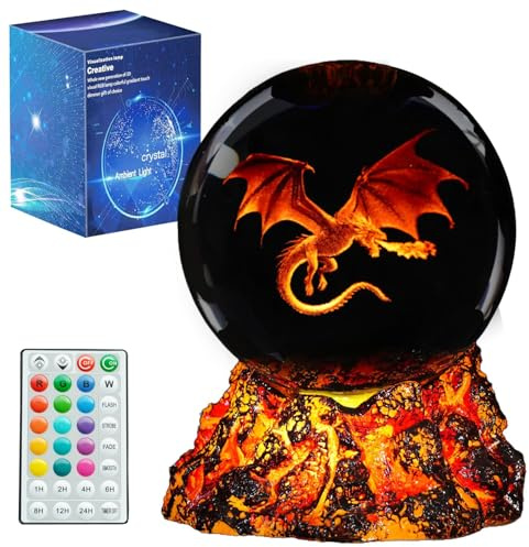 POSSHE Drachen-Nachtlicht, 80 mm K9-Kristall, aktualisierte vulkanische Lavabasis, 3D-Lampe mit Fernbedienung, 16 Farben, coole Drachenfigur, Geschenk zum Geburtstag oder Weihnachten