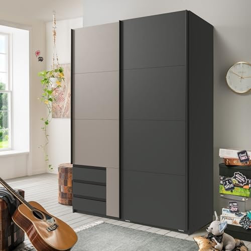Schwebetürenschrank >Emden< Schwebetürenschrank, 135x198x65 cm, modern, Graphit & Saharagrau, 2 Türen, 3 Schubladen, 4 Einlegeböden, Spanplatte, Made in Germany, zerlegt, ideal für Schlafzimmer.