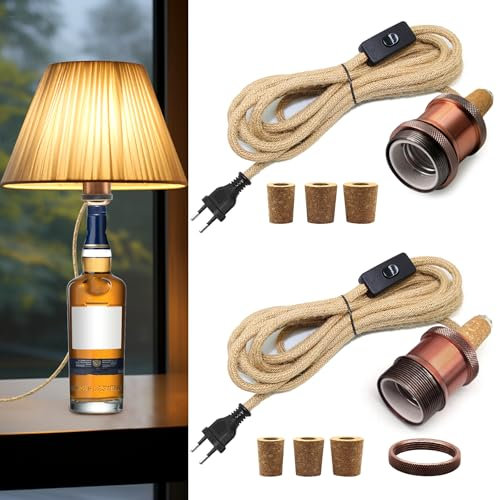 2 Pezzi Portalampada per Bottiglie, E27 Portalampada con 240CM Corda di Canapa Cavo e con 3 Tappi di Legno, Lampada per Bottiglie, DIY Decorativo Lampada da Tavolo per Bottiglia Lampada di Vino