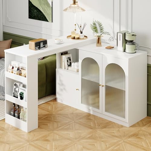 IHO SOFA Mesa de bar extensible con función giratoria de 360°, mesa de bar moderna con espacio de almacenamiento, mesa de comedor extensible con estante, isla de cocina con barra de bar, bar, bar