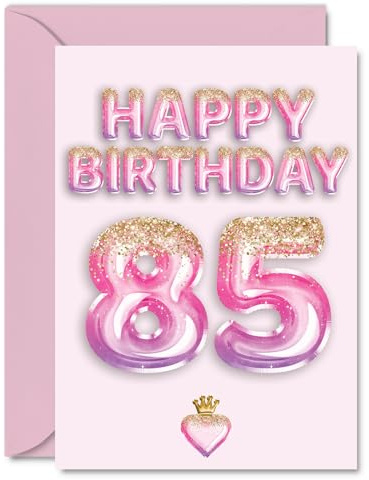 85th Birthday Cards for Women and Men, Pink & Purple Glitter Balloons | Happy Birthday Card for 85 Year Old Man Woman Dad Grandma Wife or Husband, A5 Bday Greeting Cards