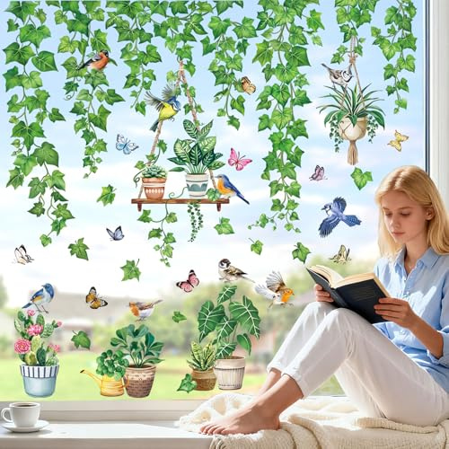 wondever Fensterbilder Hängender Rebe Topfpflanze Blätter Fenstersticker | Wiederverwendbar, Doppelseitig Statisch PVC Fensterdeko, Fenster Vogelschutz, Frühling Deko für Glas Tür Wohnzimmer Küche
