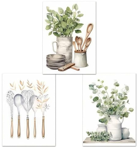 Komergave 4 Stück Botanische Wandbilder Küche, Bilder Küche mit Eukalyptus Design, Bilder Grün für Küchenwand & Esszimmer, 30 x 21cm A4 Leinwand Poster für Moderne & Landhausstil Dekor (3)