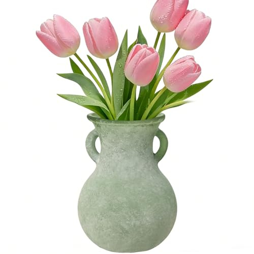 Henkelvase in Salbeigrün – Bauchige Dekovase mit Matt-Finish & Antik-Struktur, 20cm Vintage Vase für Trockenblumen & Wohndeko