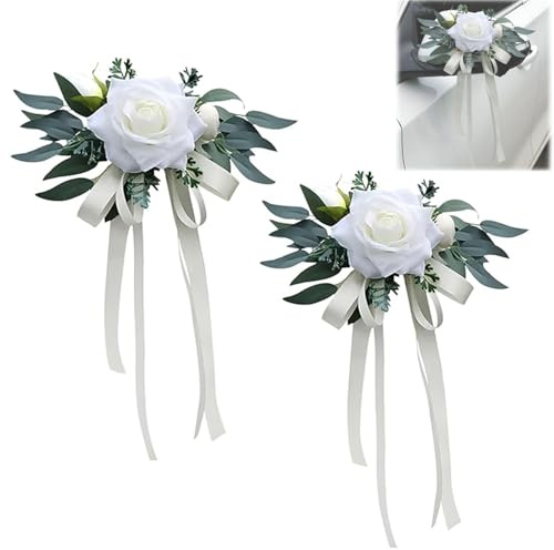 2 Stück Hochzeitsdeko Auto, Autoschmuck Hochzeit Künstliche Blumen mit Saugnäpfen, Vintage Auto Deko Hochzeit Autokorso Autoschleifen Hochzeitsauto Schmuck für Auto Rückspiegel Weiß
