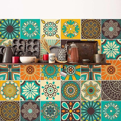 RE-COVERTILES - Autocollants Carrelage Salle de Bain et Cuisine 24 Pcs 10x10 cm - PS00181 Décoration murale en carrelage mosaïque PVC imperméable style carreaux de ciment Azulejos
