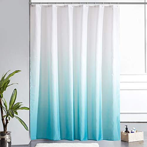 Furlinic Duschvorhang 180x200cm Textile Vorhänge aus Stoff Wasserdicht Anti-schimmel Waschbar Badezimmer Vorhang für Bad in Badewanne Weiß nach Aquamarine mit 12 Duschringe.