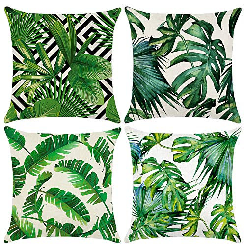 Cushion Covers 45 x 45 cm,Set of 4 pillow cover Cotton and Linen Pillow case Cushion Covers for Sofa garden bed couch cushions(Leaf-4)