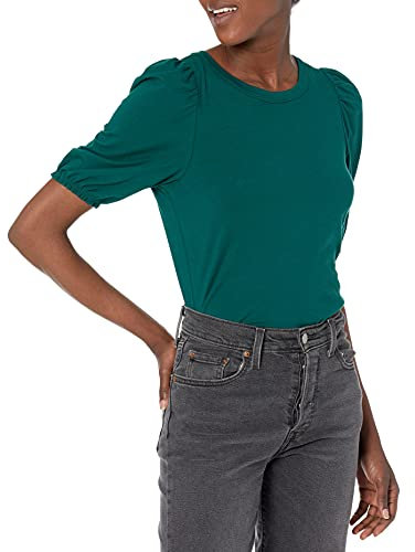 Amazon Essentials Women's Regular-Fit Puff Short-Sleeve Crewneck T-Shirt, Dark Green, L