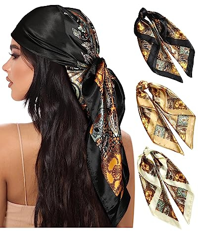 AWAYTR 35” Large Square Satin Head Scarf - 3Pcs Satin Hair Scarves Silk Feeling Bandana Headscarf for Women (Cashew(Camel/Black/Beige))