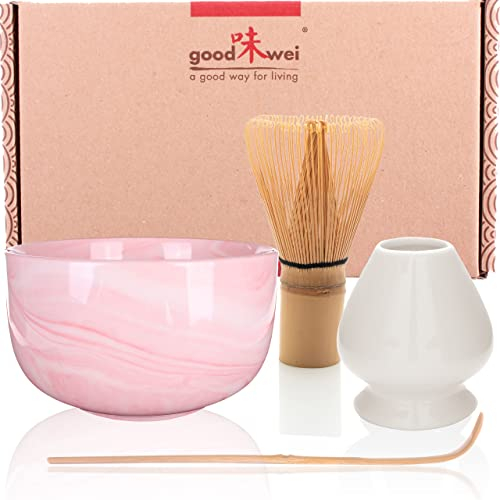 Goodwei Matcha Set komplett mit Matchabesen, Matcha Löffel und Matcha Schale aus Keramik mit Besenhalter im passenden Design | Kunstvoll gefertigte Teeschale Chawan (Pinku, 80)