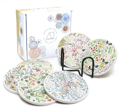 AD Set of 6 Coasters for Drinks Absorbing Round Ceramic Stone Coaster with Cork Base,Tabletop Protection Mat for Mugs and Cups,Office,Kitchen (Bontanicals with Holder)