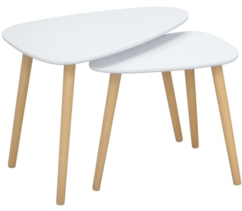 HOMCOM Nesting Coffee Table, Set of 2, with Solid Wood Legs, White | Stacking Side End Tables, for Living Room Bedroom