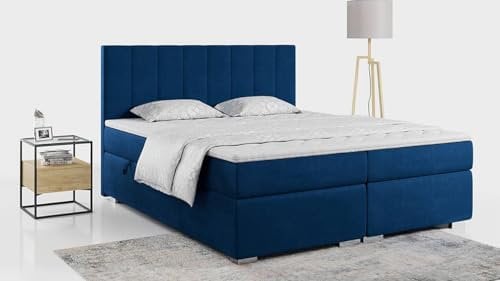 MKS MEBLE Boxspringbett 200x200 Mit 2 Bettkästen, Polsterbett Mit Matratze H3 Topper, Bett Mit Kopfteil - Dunkelblau Velvet - H3 - Ally