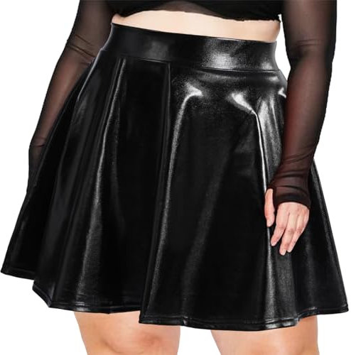 Moon Wood Damen Metallischer Glitzer Mini Rock Ausgestellter Faltenrock Elastische Taille Pull On Glitzerrock Schwarz 4XL