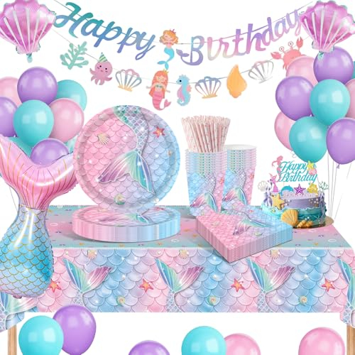 KQMGJYB Sirena Vajilla para Fiestas, Decoracion Cumpleaños Sirena, la Sirena Platos y Vasos para Cumpleaños Globos Cumpleaños, Suministros Fiesta de Sirena
