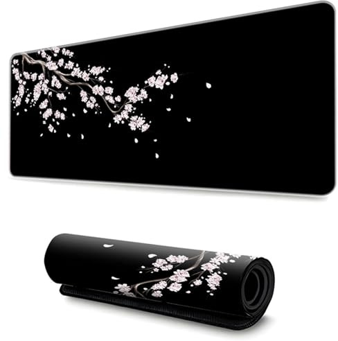 Hixingo Sakura Noir XXL/XL Tapis de Souris Gamer, Antidérapant, Bords Cousus, Blanc, Pour Gaming et Maison