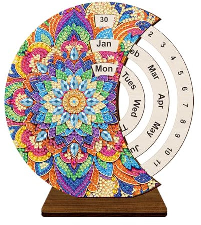 Diamond Painting Kalender Ornamente, Holz Diamant Malerei Weihnachtsdeko rotierender Kalender, Diamant Painting Tischkalender Tischdeko ewiger Kalender Weihnachten Deko Set (J)
