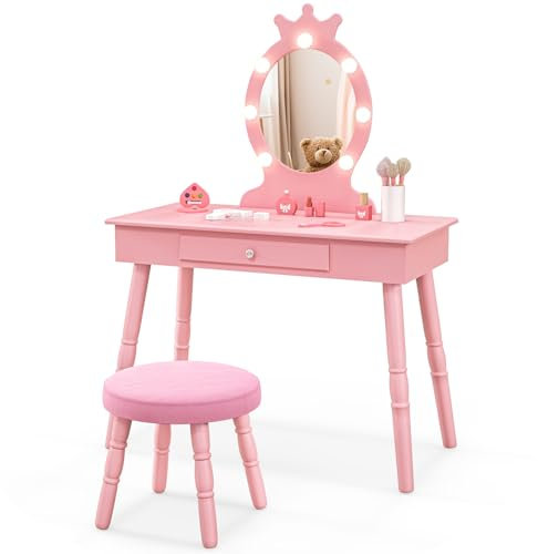 RELAX4LIFE Toeletta Trucco per Bambina con 7 Lampadine LED, 3 Colori di Luci, Specchiera Trucco con Sgabello, Toeletta in Legno, Specchio Rimovibile, per Bambini 3-7 Anni (Rosa)