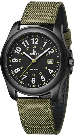 BUREI Herrenuhr, militärische Armbanduhr mit Datum, Nylonband und wasserdichte Felduhr, geeignet für Outdoor-Sportarten sehr solide und langlebig Geschenk (Grün Schwarz)