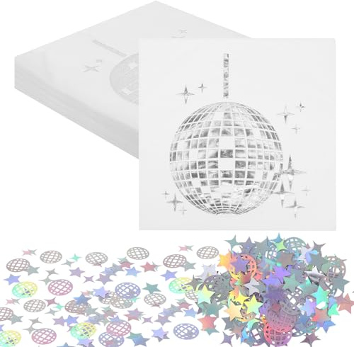 20 Stück Discokugel Deko Servietten Geburtstag 33x33cm mit 100 Stück Glitzer Konfetti, 70er 80er 90er Party Deko für Geburtstagsfeier, Glänzende Disco Tischdeko Papierservietten mit Discokugel Motiv