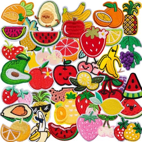 40 Stück Aufnäher zum Aufbügeln auf Obst Flicken Bügelbilder Iron on/Sew on Patches Bestickte Patches Aufnäher für Aufnähen oder Aufbügeln auf Kleidung Kleid Hut T-Shirt Jeans Rucksäcke Jacken