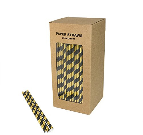 We Can Source It Ltd - Black & Gold Striped Paper Straws - Biodegradable - for Cocktails, Tumblers - Drinking, Birthday Party, Christmas Party Straws - 8inch/200mm - 250pc