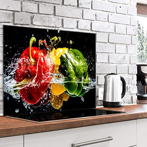 murando Spritzschutz Glas für Küche 80x60 cm Küchenrückwand Küchenspritzschutz Fliesenschutz Glasbild Dekoglas Küchenspiegel Glasrückwand Gemüse Paprika Wasser - j-B-0059-aq-e