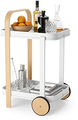 Umbra Bellwood Barwagen, Servierwagen und Beistelltisch mit 2 Etagen und herausnehmbaren Metall Tabletts, Weiss/Natur