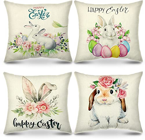 Meleager 4PCS Kissenbezug Ostern, Kissenhülle Osterdeko Hase Kissenbezüge Häschen Ostereiern Leinen Dekokissen Cases Home, Kissenbezüge Kissenhülle 45x45cm für Zierkissenhülle Sofa Schlafzimmer